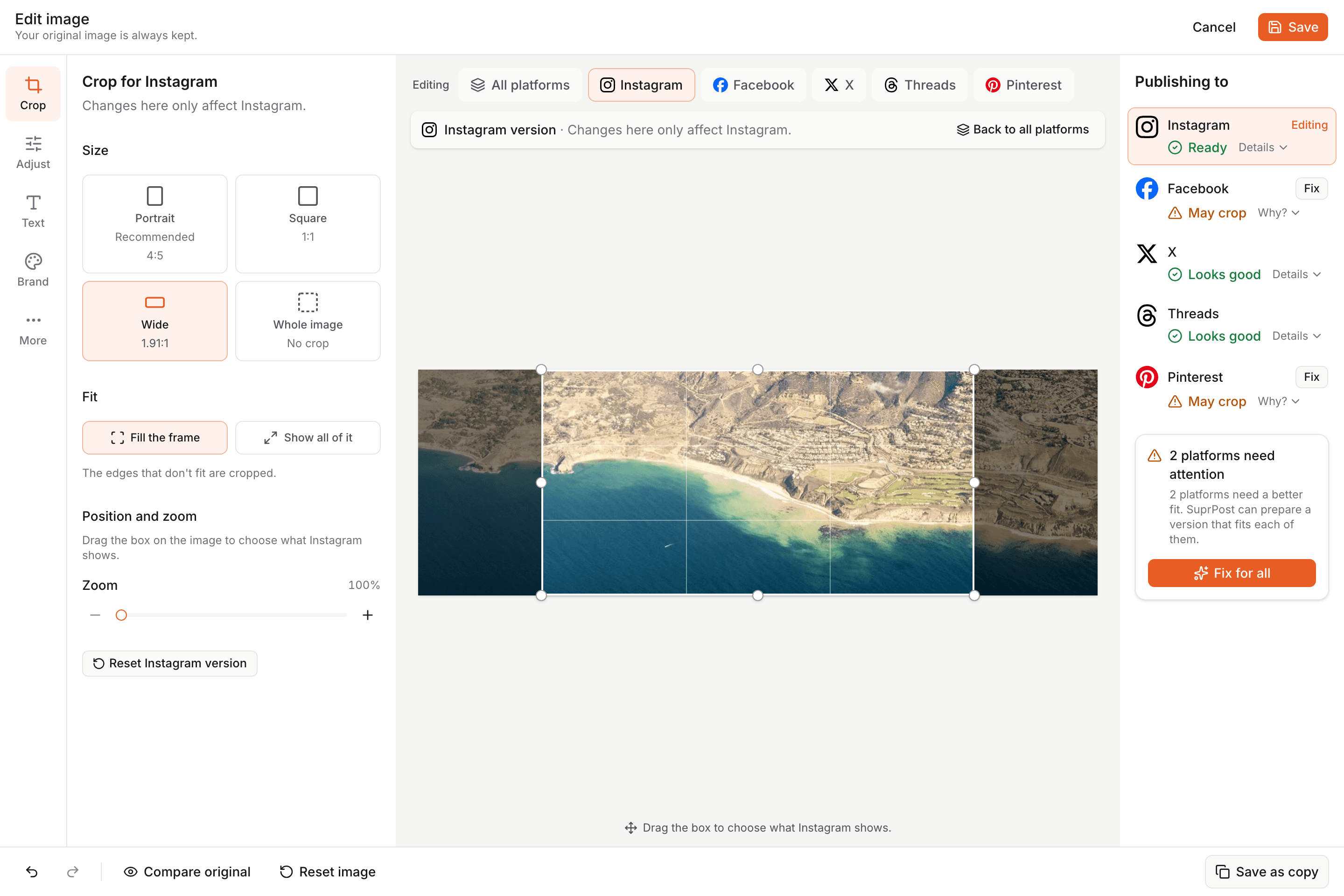 SuprPost image editor fixing media for a platform