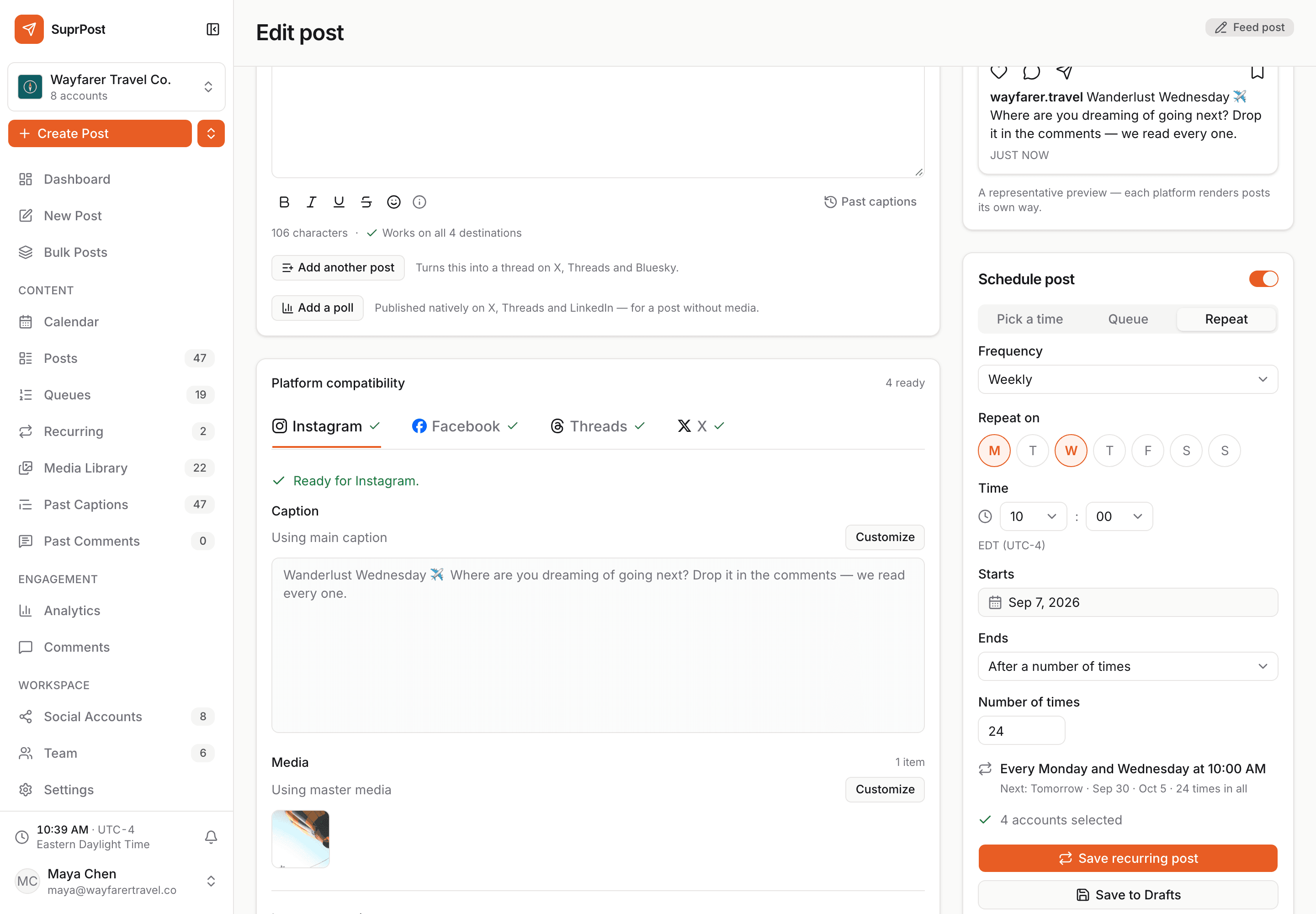 SuprPost recurring post controls