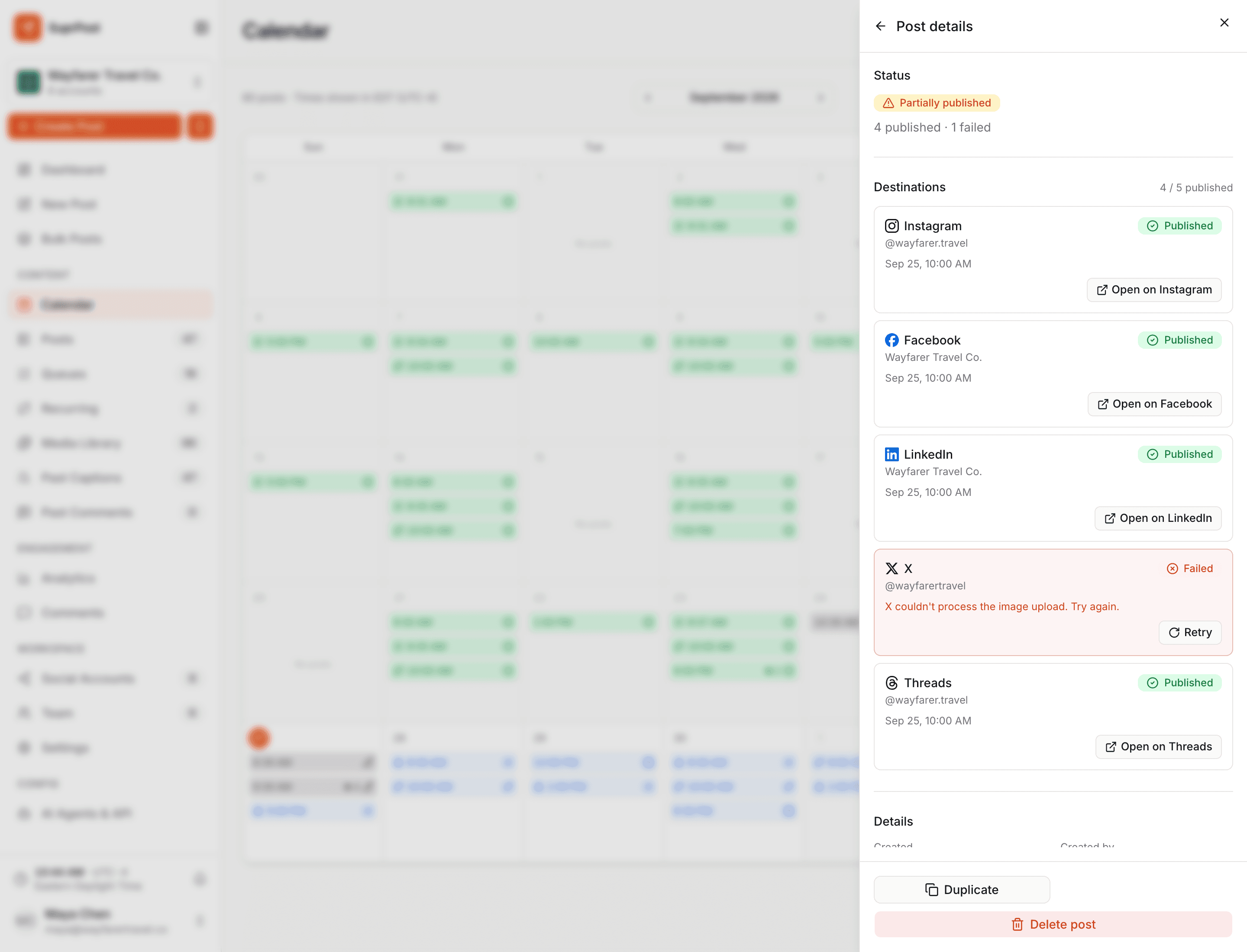 SuprPost per-destination publication results and retry